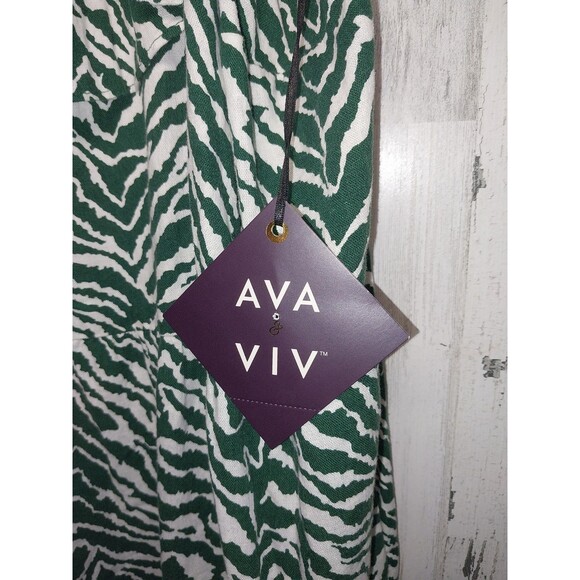 Ava & Viv Ruffle 2X Midi Linen Blend Dress Zebra Print Green & White NWT - Picture 4 of 9